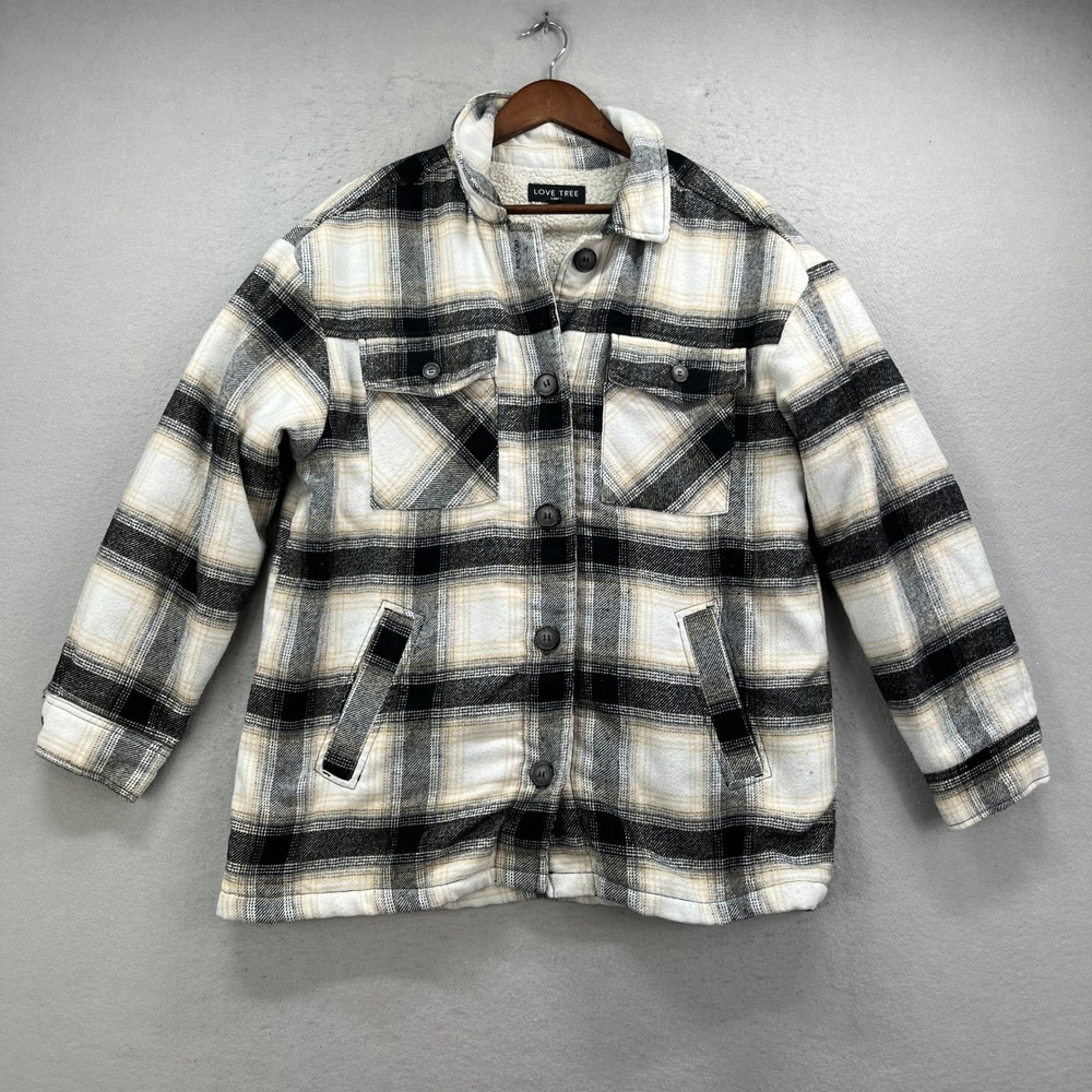 Love Tree Flannel Shacket Jacket Womens L Black White Plaid Sherpa Lined Rustic